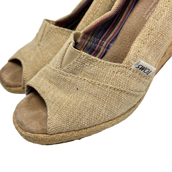 TOMS Wedges Peep Toe Cork Canvas Burlap Espadrilles High Heels Shoes Beige sz 6 - Picture 9 of 16